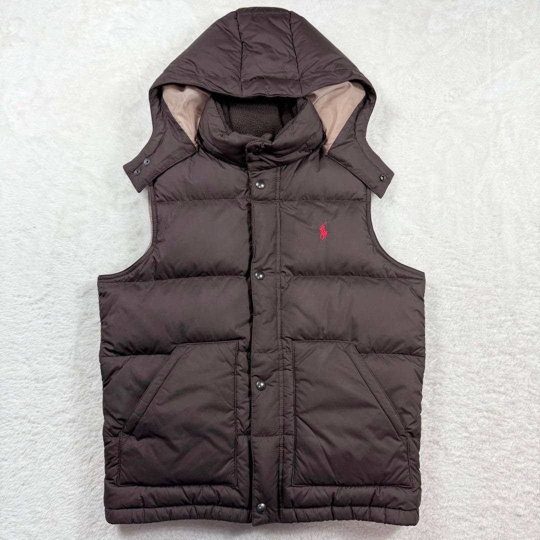 美品 ポロ・ラルフ・ローレン ダウンベスト ブラウン 2way フード M