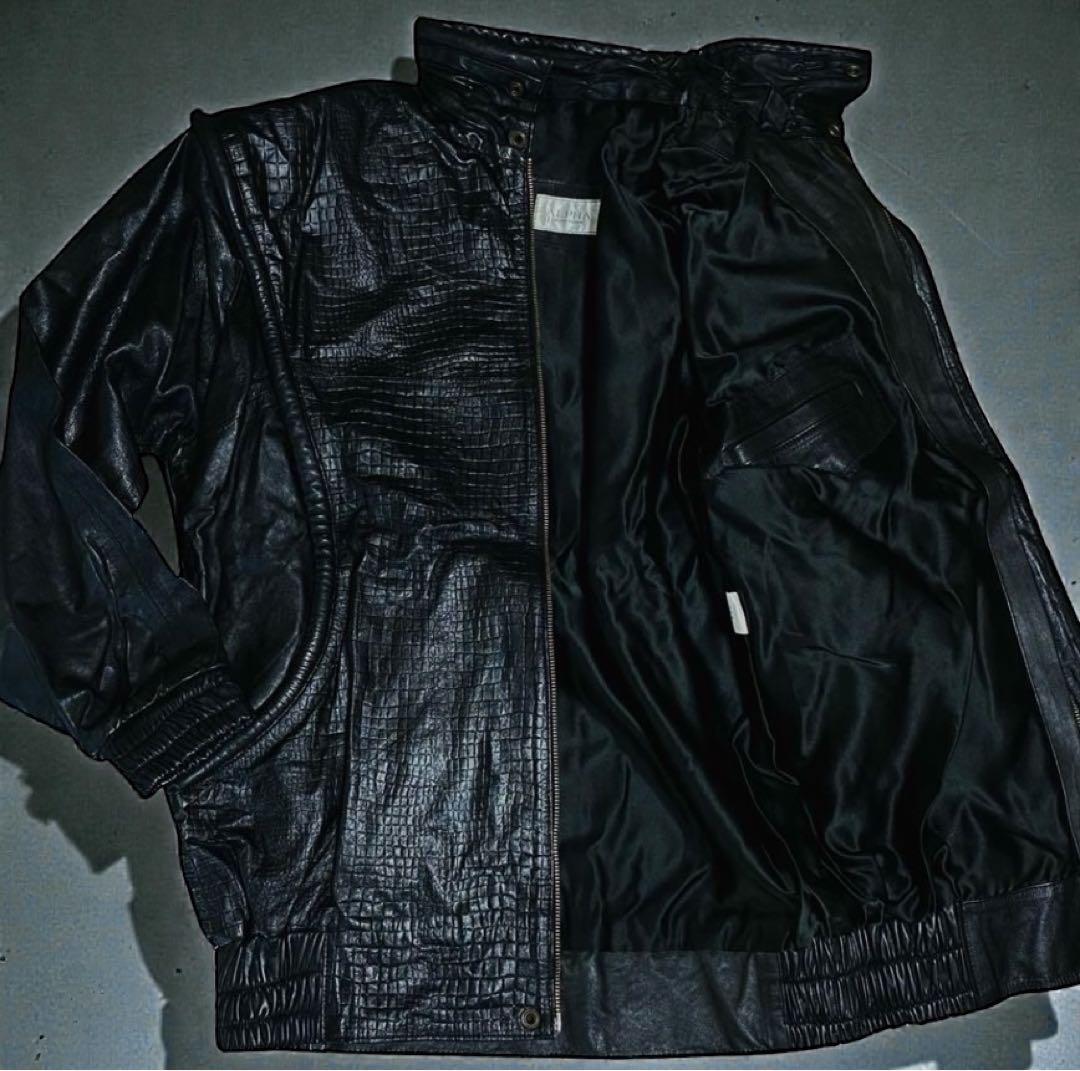 ALPHA レザージャケット　ライダース　クロコ型押し　ブラック LL位 羊革