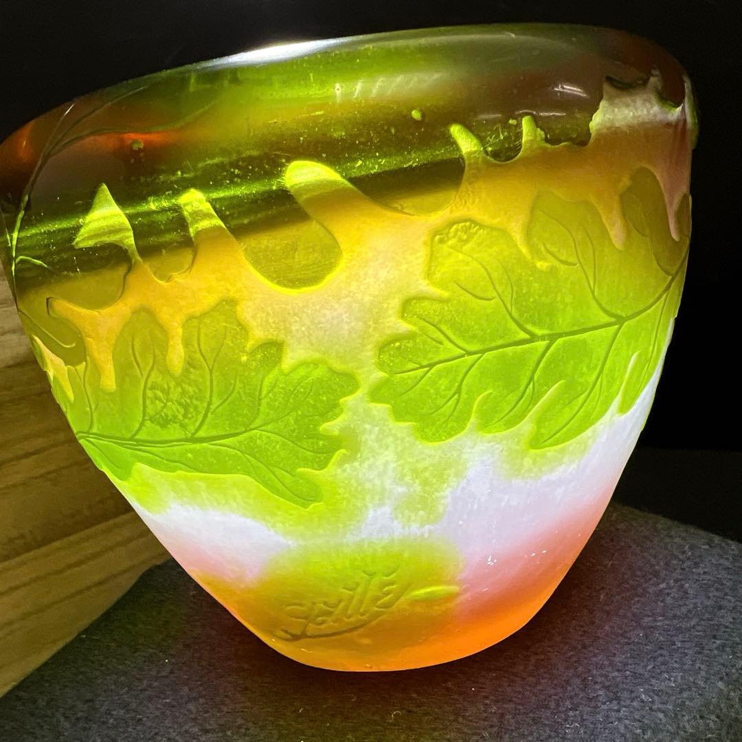 エミール・ガレ　第二期工房酸化腐食彫花入　木箱　幅約14㎝東Y8-0130☆1F