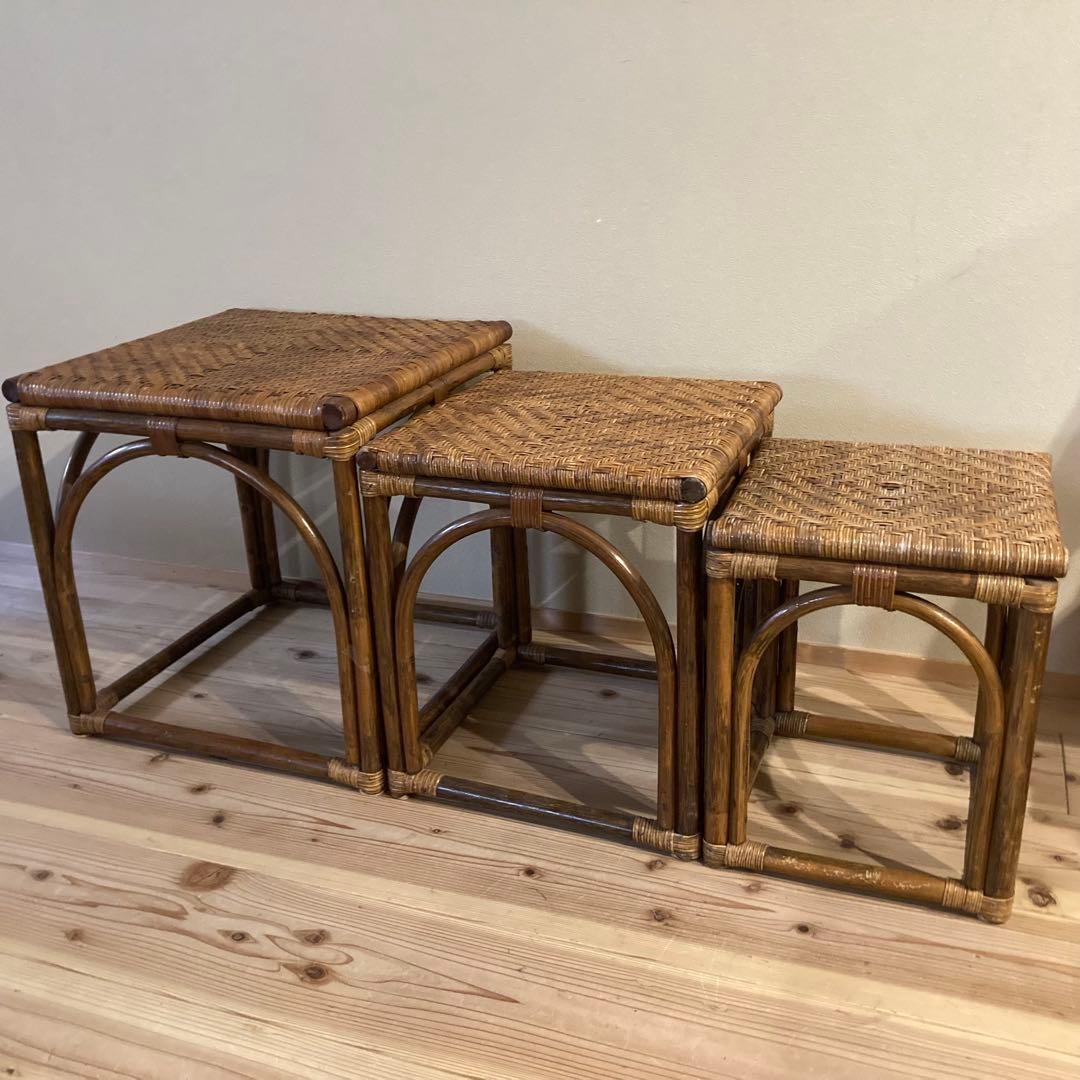 ミニ　藤スツール　ラタンスツール　椅子　イス　3脚セット　美品　レトロ　北欧風