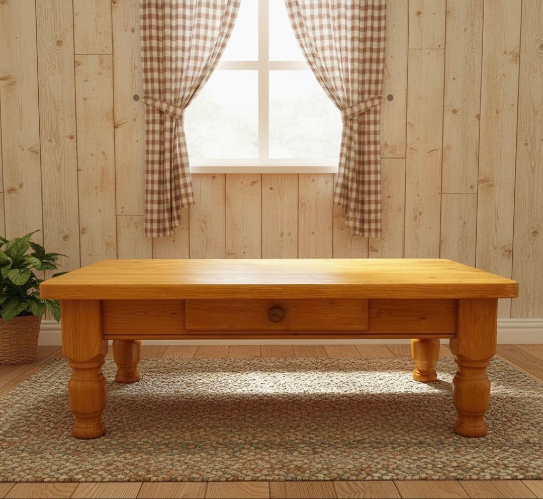 カントリー調 天然木 ローテーブル（引き出し付き）