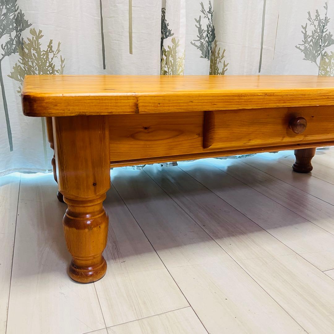 カントリー調 天然木 ローテーブル（引き出し付き）