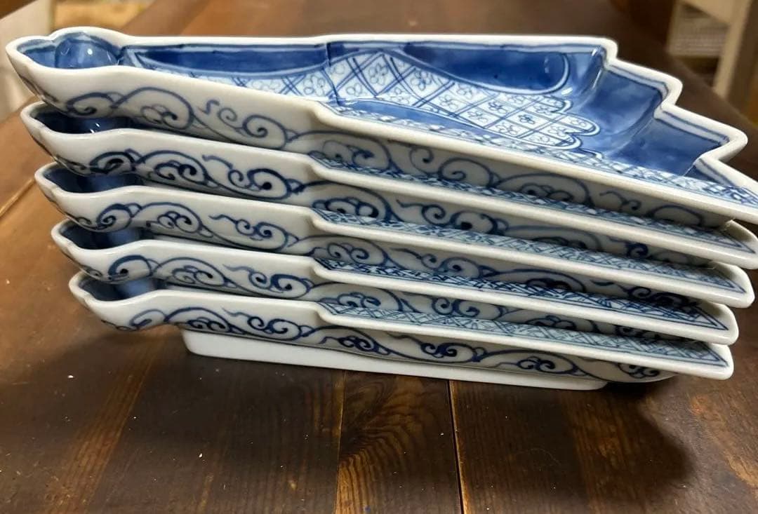 九谷焼　阿古窯　染付　手描き　小扇子　半開扇皿　５枚