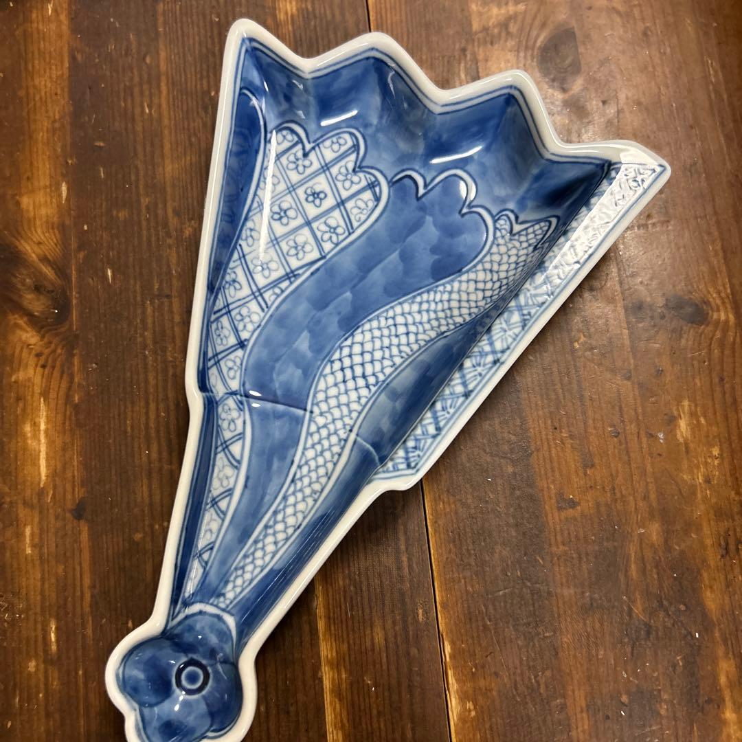 九谷焼　阿古窯　染付　手描き　小扇子　半開扇皿　５枚