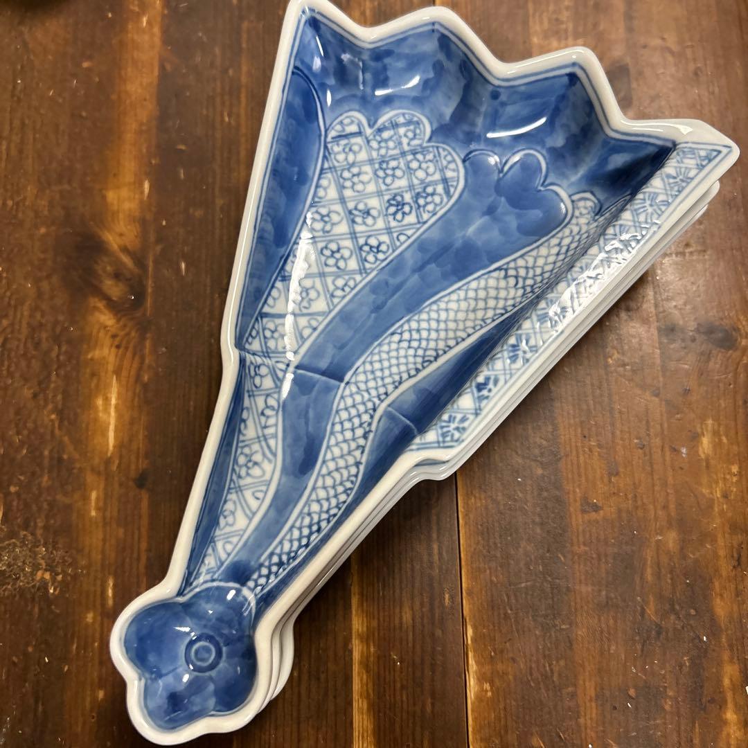 九谷焼　阿古窯　染付　手描き　小扇子　半開扇皿　５枚