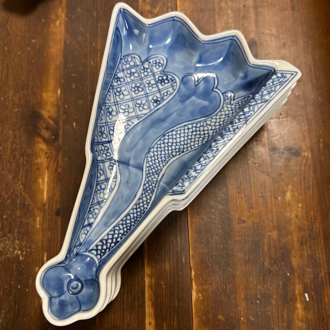 九谷焼　阿古窯　染付　手描き　小扇子　半開扇皿　５枚