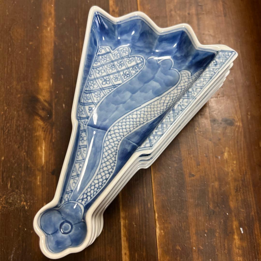 九谷焼　阿古窯　染付　手描き　小扇子　半開扇皿　５枚