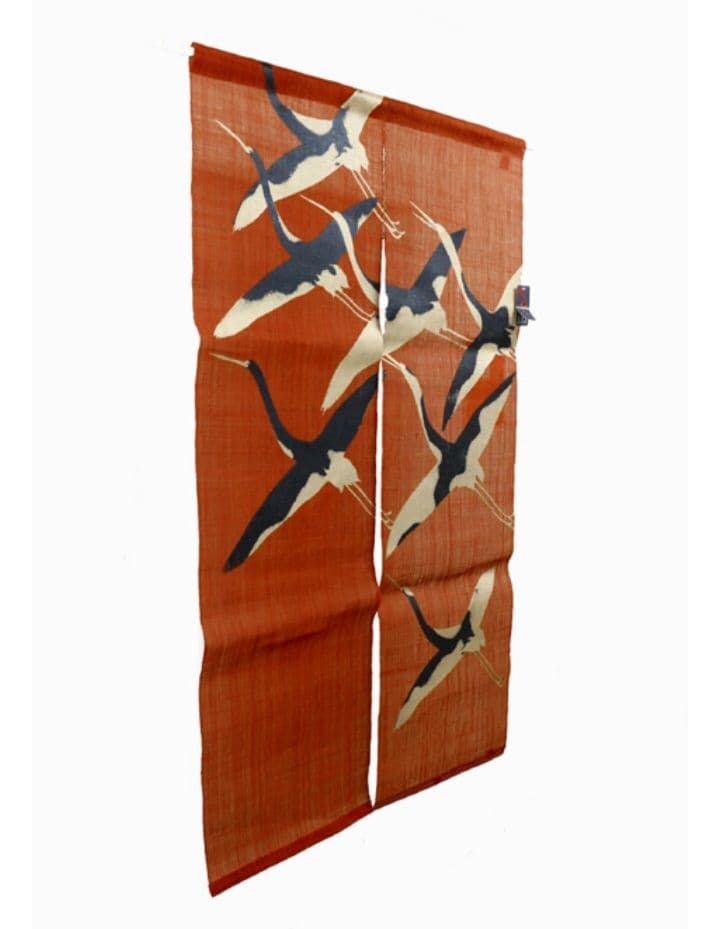 プロフ必読　万葉舎麻のれん 漆染めのれん 鶴 朱赤 サイズ:88×150cm