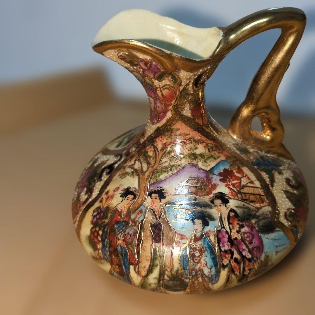 【明治期】九谷焼風 金彩色絵 人物図 水注 ピッチャー 日本製 アンティーク