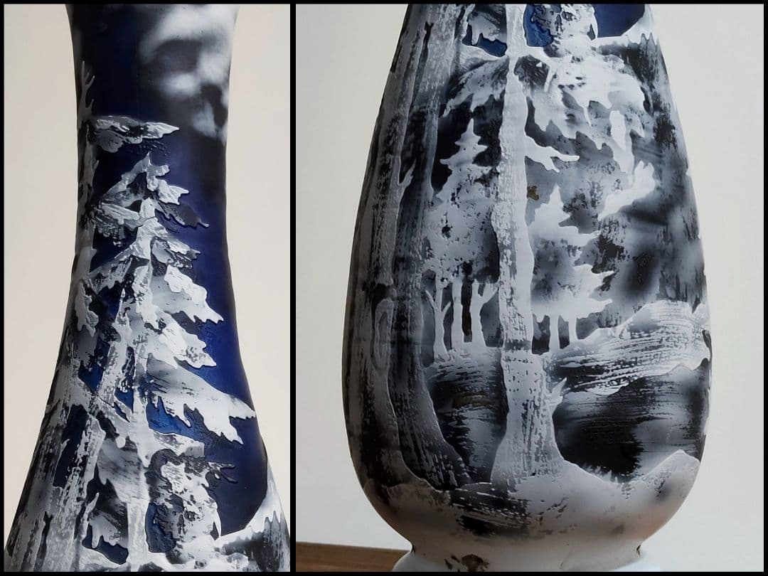 エミール・ガレ風 冬景色 アール・ヌーヴォー調 花瓶 フラワーベース 約50cm