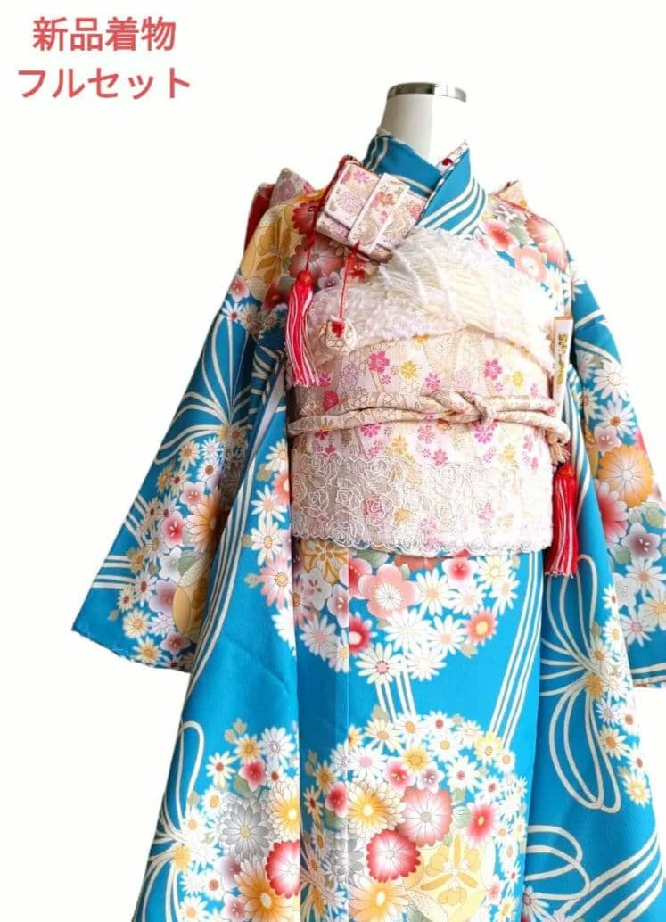くすみブルーに大きな花薬玉の着物と帯☆七五三フルセット