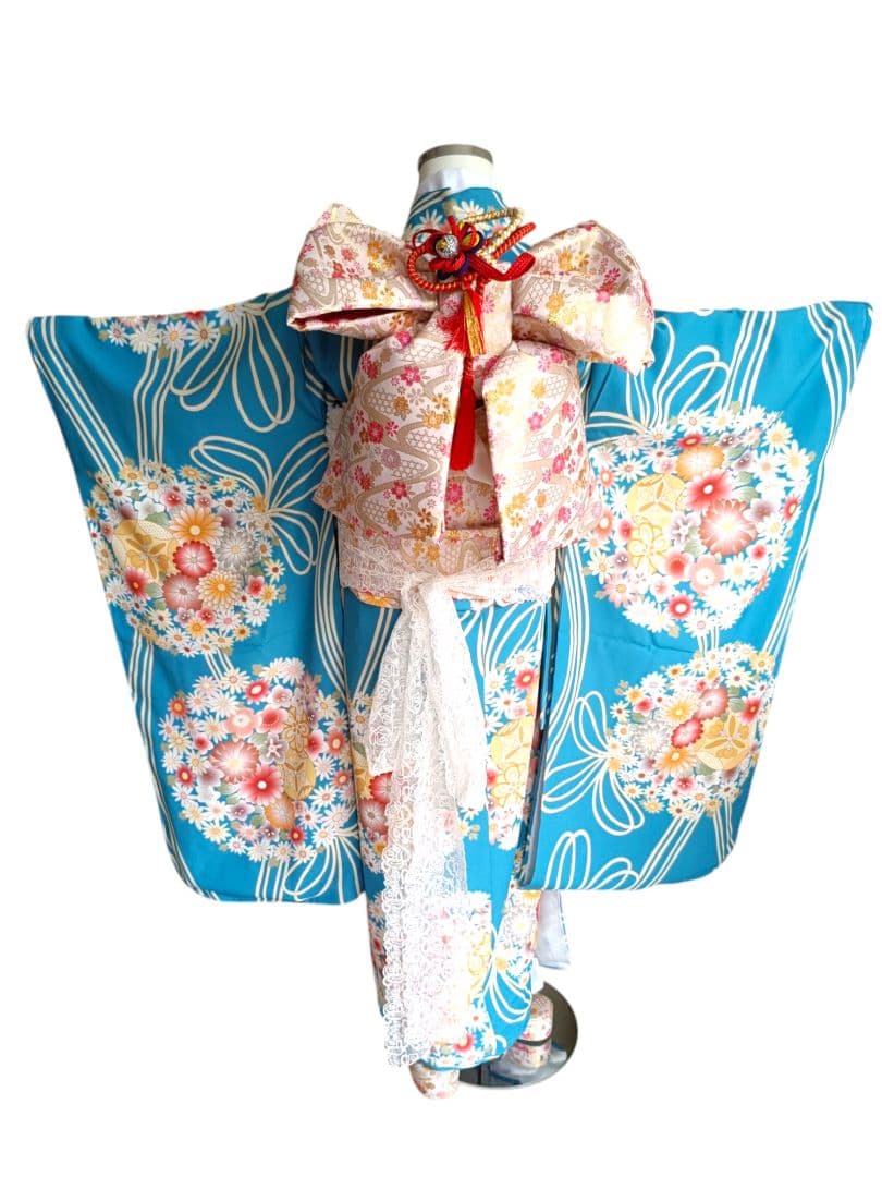 くすみブルーに大きな花薬玉の着物と帯☆七五三フルセット