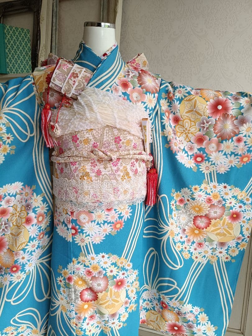 くすみブルーに大きな花薬玉の着物と帯☆七五三フルセット