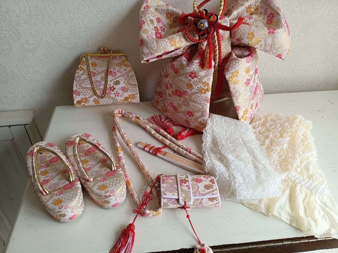 くすみブルーに大きな花薬玉の着物と帯☆七五三フルセット