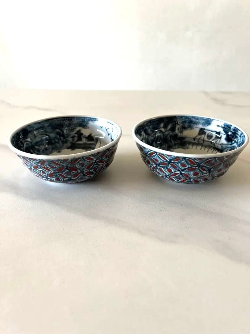 京焼 清水焼 六齋窯 村田幸之介 小鉢 茶碗2個 山水画 七宝紋 未使用品