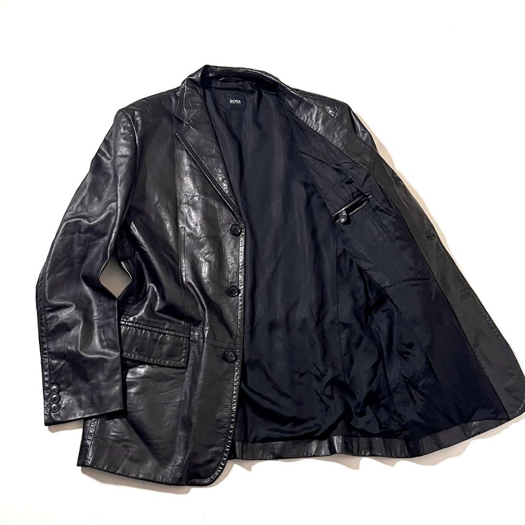 【美品】HUGO BOSS　ラムレザー テーラード ジャケット　54サイズ　黒