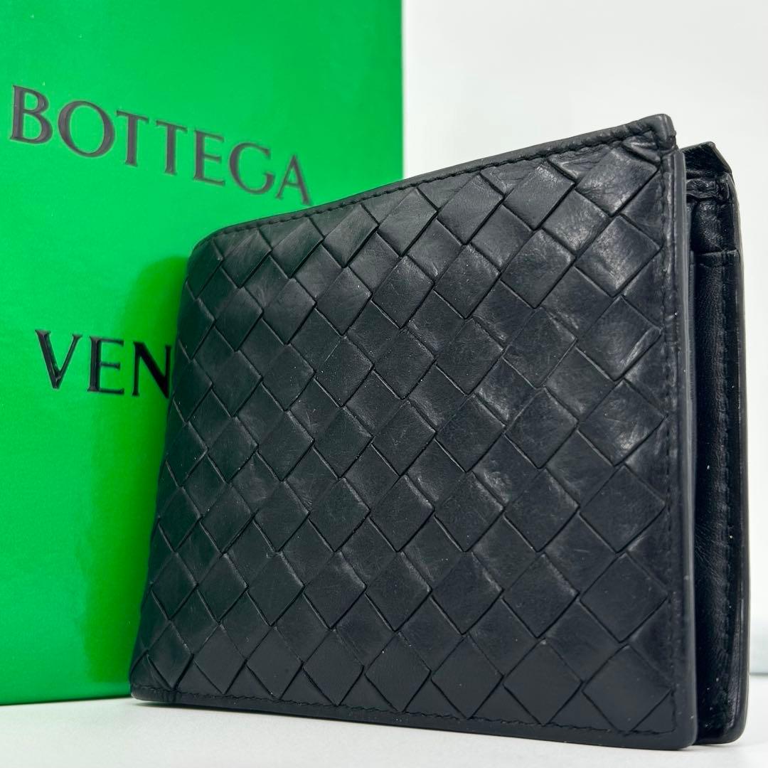 ボッテガヴェネタ 折り財布 二つ折り イントレ 編み込み レザー ブラック