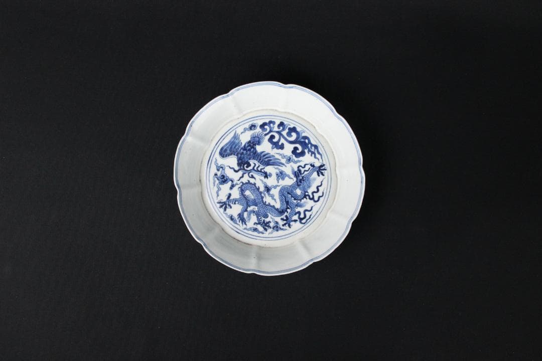 中国 清代 染付　青花双龍戯珠図 花口洗 大明宣徳年製 文房具　皿 FJ9-10