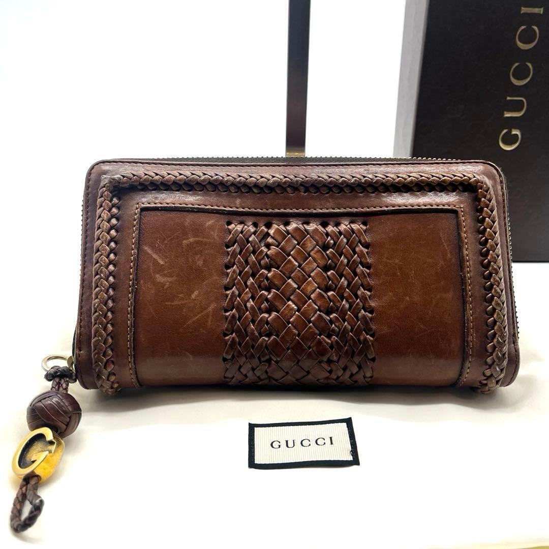 サ*タ様 美品✨グッチ 長財布 ラウンドファスナー ウーブンウェブ 編み込み レ