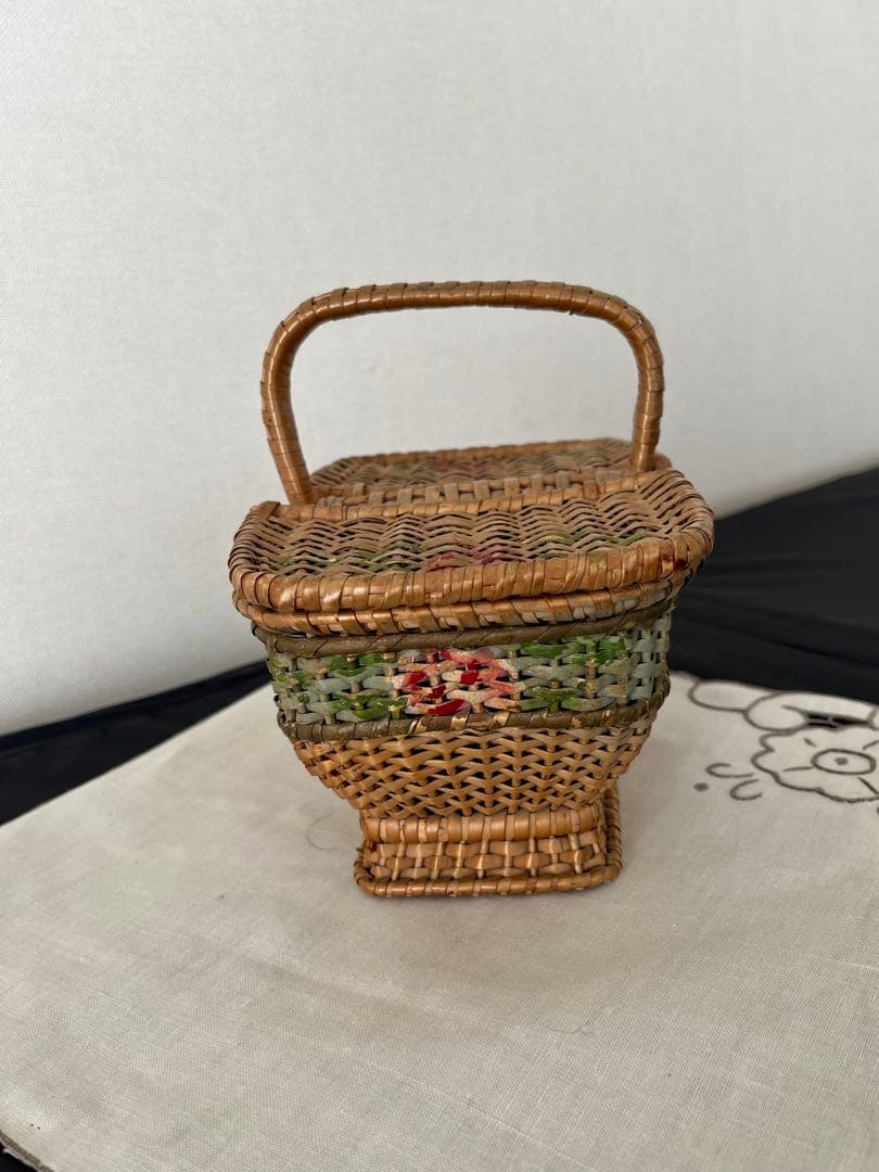 【アンティーク】ローズパニエ　籐バスケット　ローズペイント　フランスアンティーク