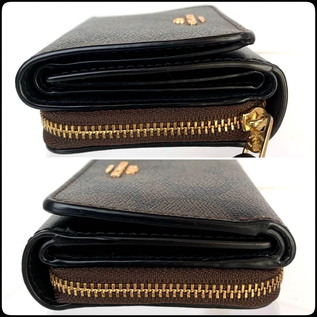 COACH コーチ 三つ折り ミニ財布 ダークブラウン×ブラック PVC レザー