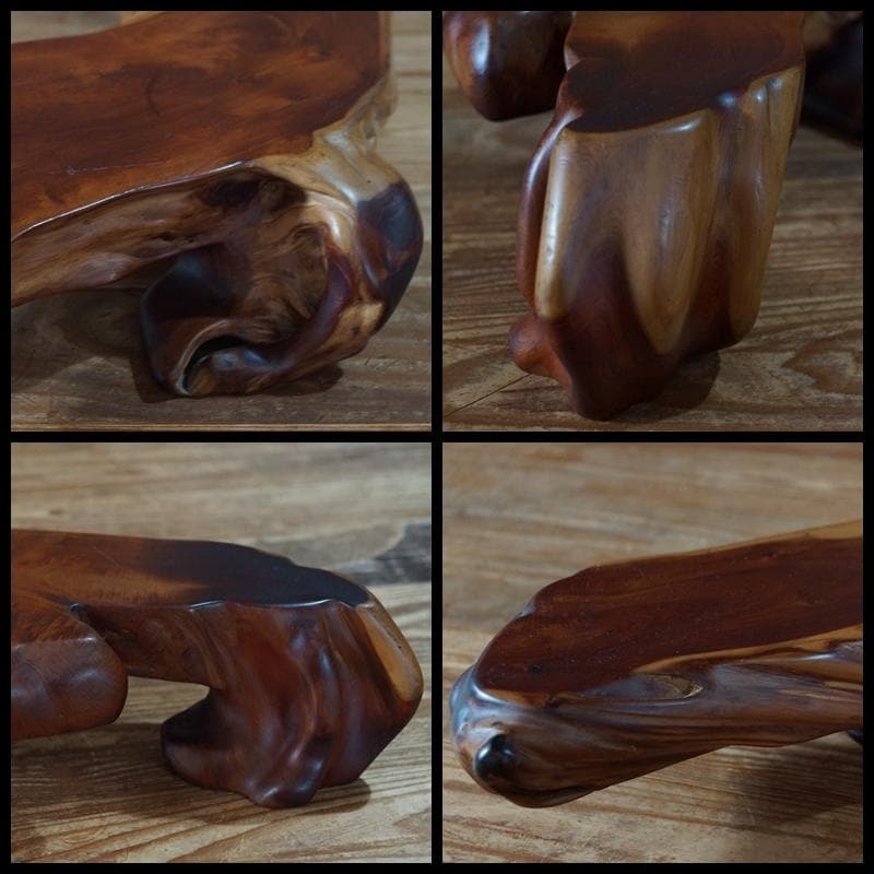 老楠一枚板 花台 小卓飾台 盆栽台 香炉台 自然体 刳り貫き三足重さ3.7ｋg★