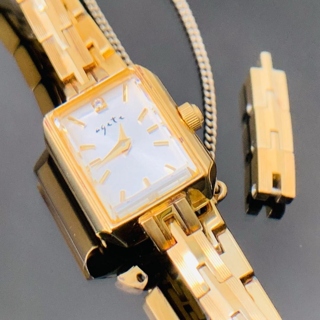 稼働品 美品 アガット ダイヤモンド 腕時計 ゴールド スクエア silver