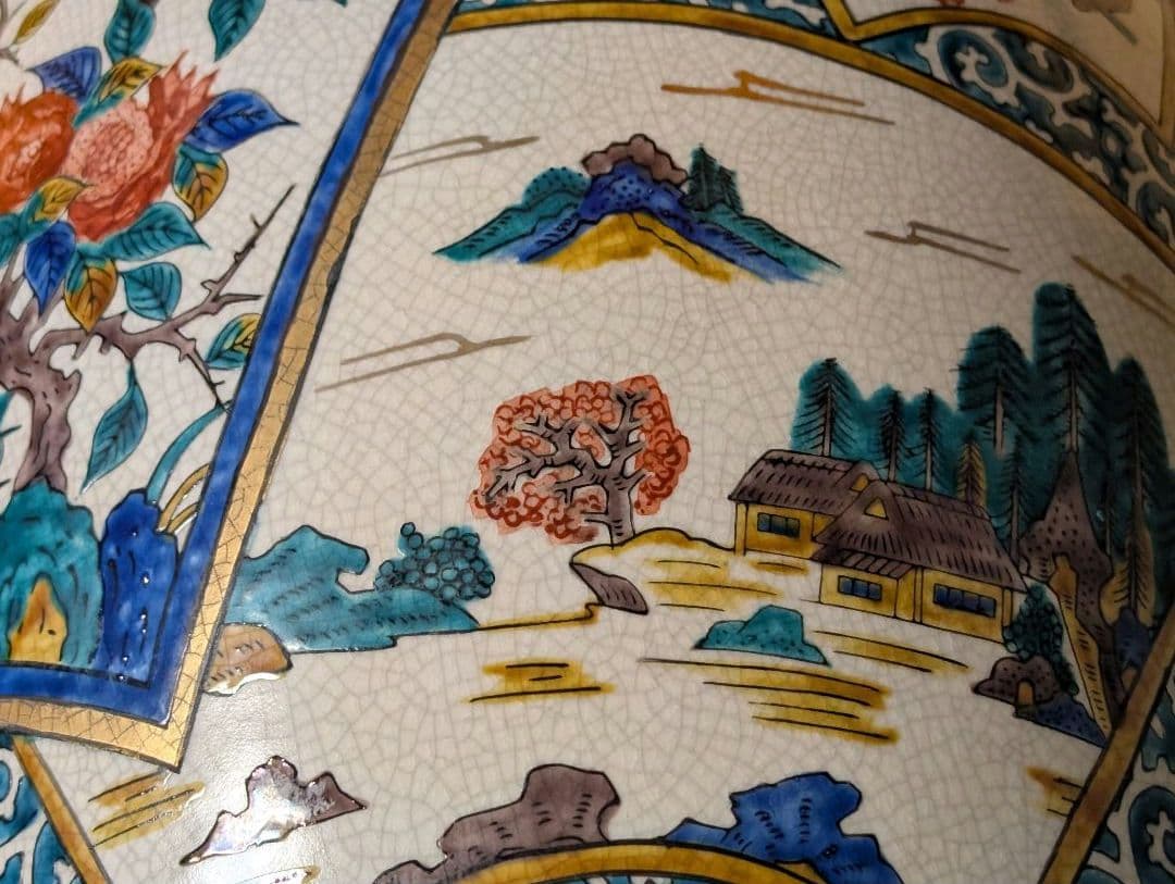 九谷焼　角福　青手　壺　花瓶 『双耳飾壺』