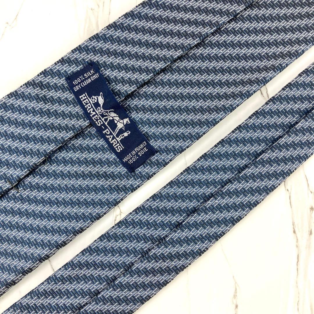 美品　エルメス　ネクタイ　H柄　ストライプ　ジャガード　ネイビー×シルバー