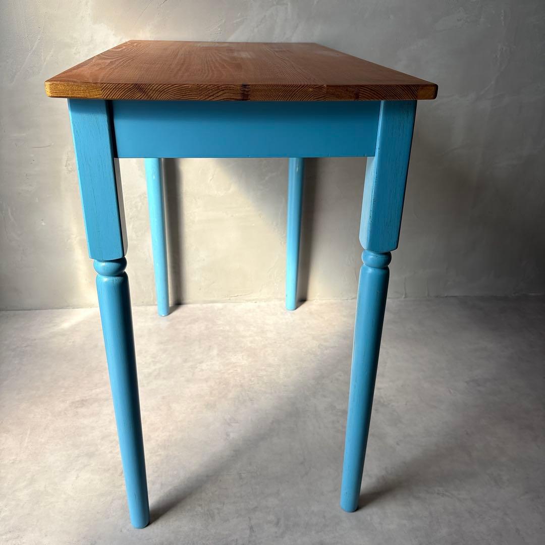 カントリー風 木製テーブル デスク 引き出し付き 水色 アンティーク風