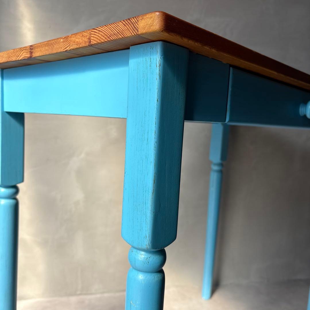 カントリー風 木製テーブル デスク 引き出し付き 水色 アンティーク風