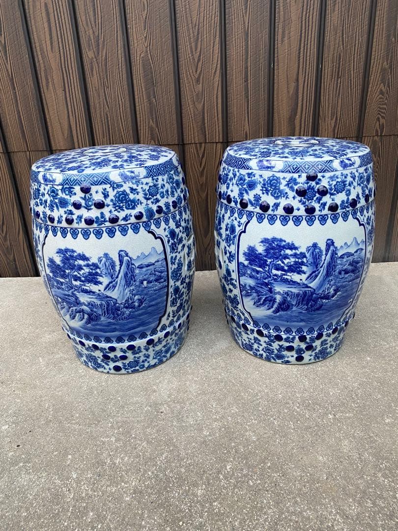 陶器　椅子　花台　ガーデンチェア　染付　山水風景　イス　フラワースタンド　 玄関