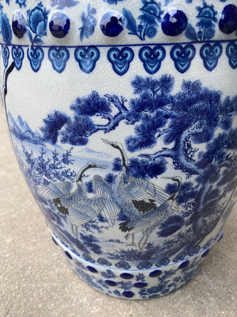 陶器　椅子　花台　ガーデンチェア　染付　山水風景　イス　フラワースタンド　 玄関