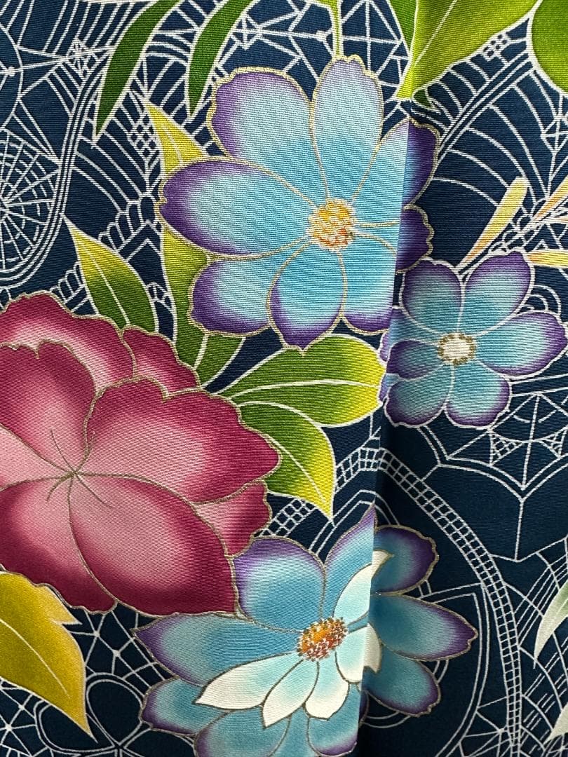 誰が袖好み 高島屋×千總 群青色 手描き友禅 振袖 落款あり