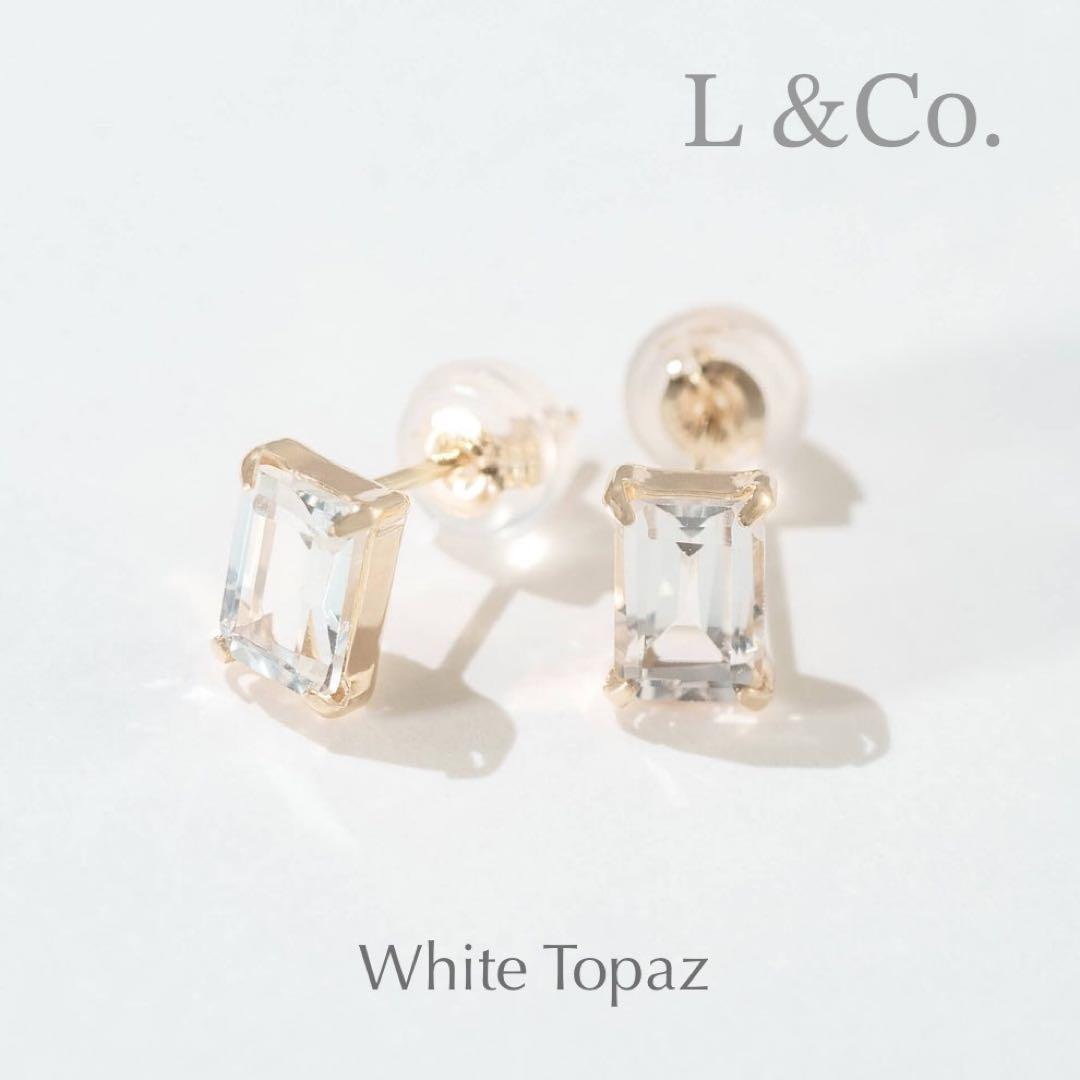 【新品】L&Co. K10 誕生石 スクエア スタッドピアス ホワイトトパーズ