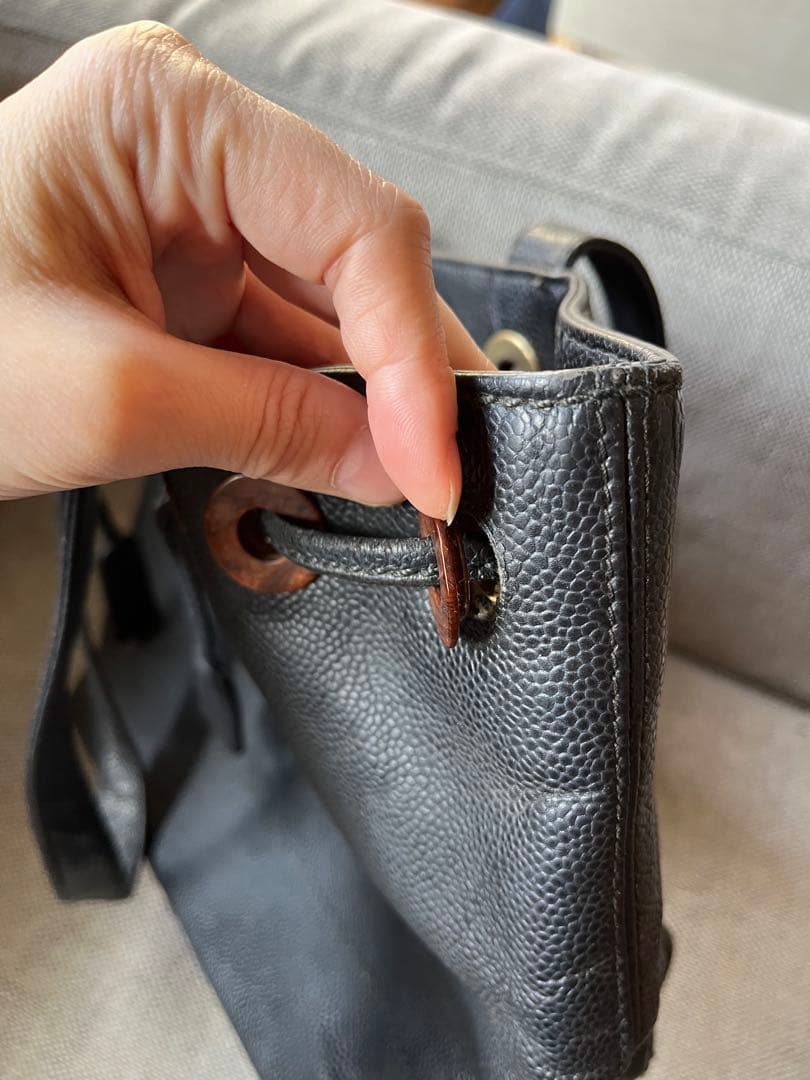 CHANEL ウッド　ショルダー　トートバッグ　キャビアスキン　ブラック