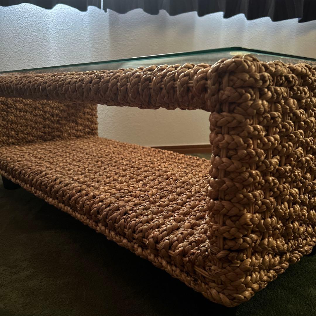 ラタン風編み込みガラステーブル