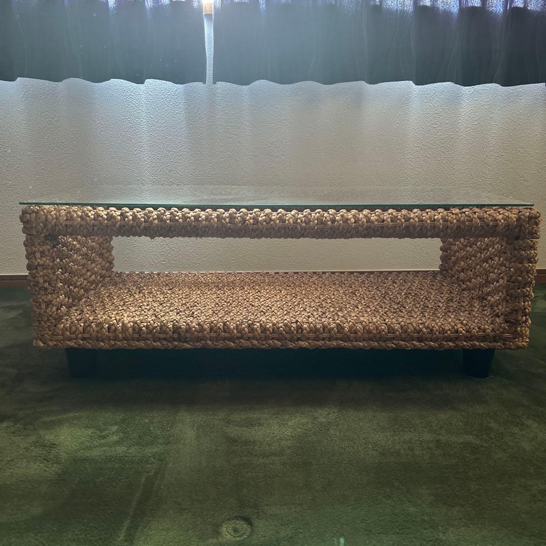 ラタン風編み込みガラステーブル