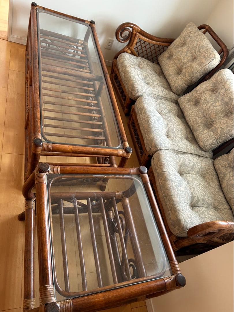 ヴィンテージ　ラタン　ダイニングテーブルセット　ガラステーブル　椅子2脚付き