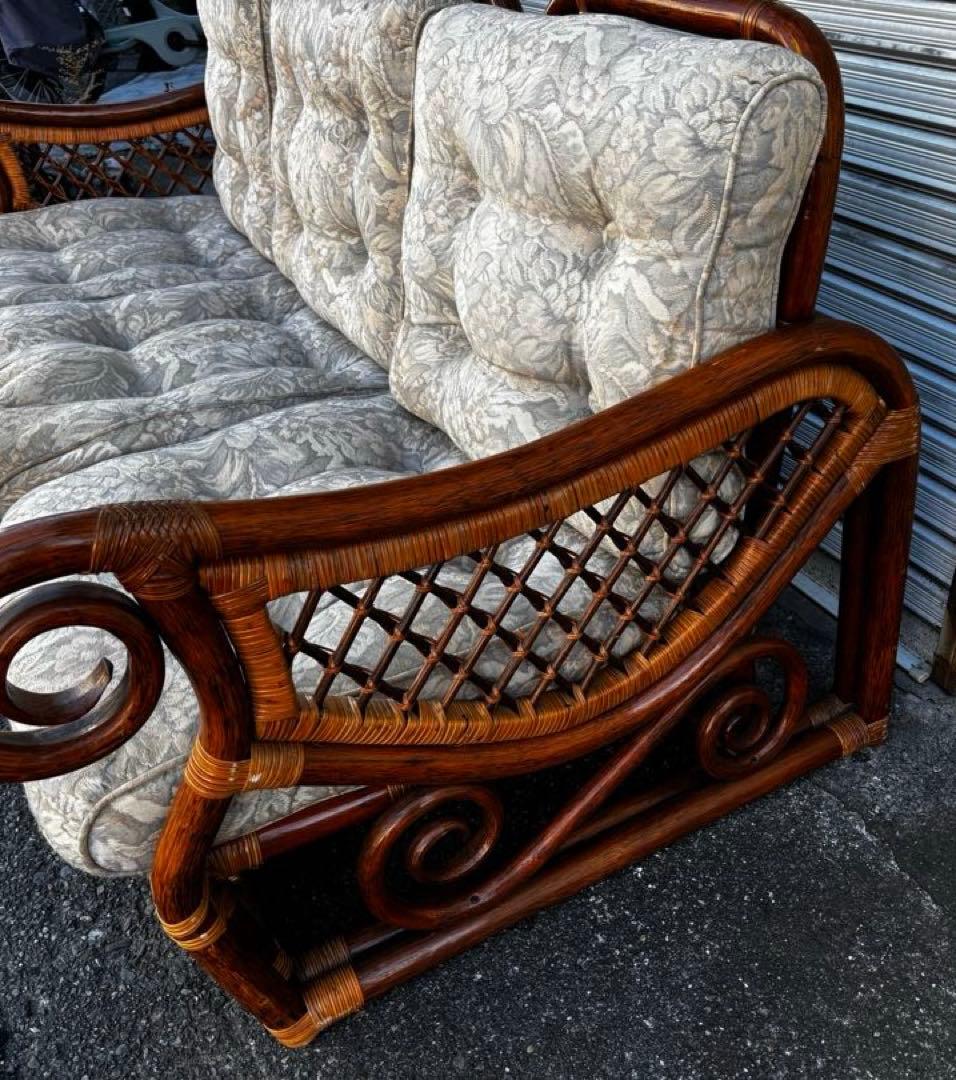 ヴィンテージ　ラタン　ダイニングテーブルセット　ガラステーブル　椅子2脚付き