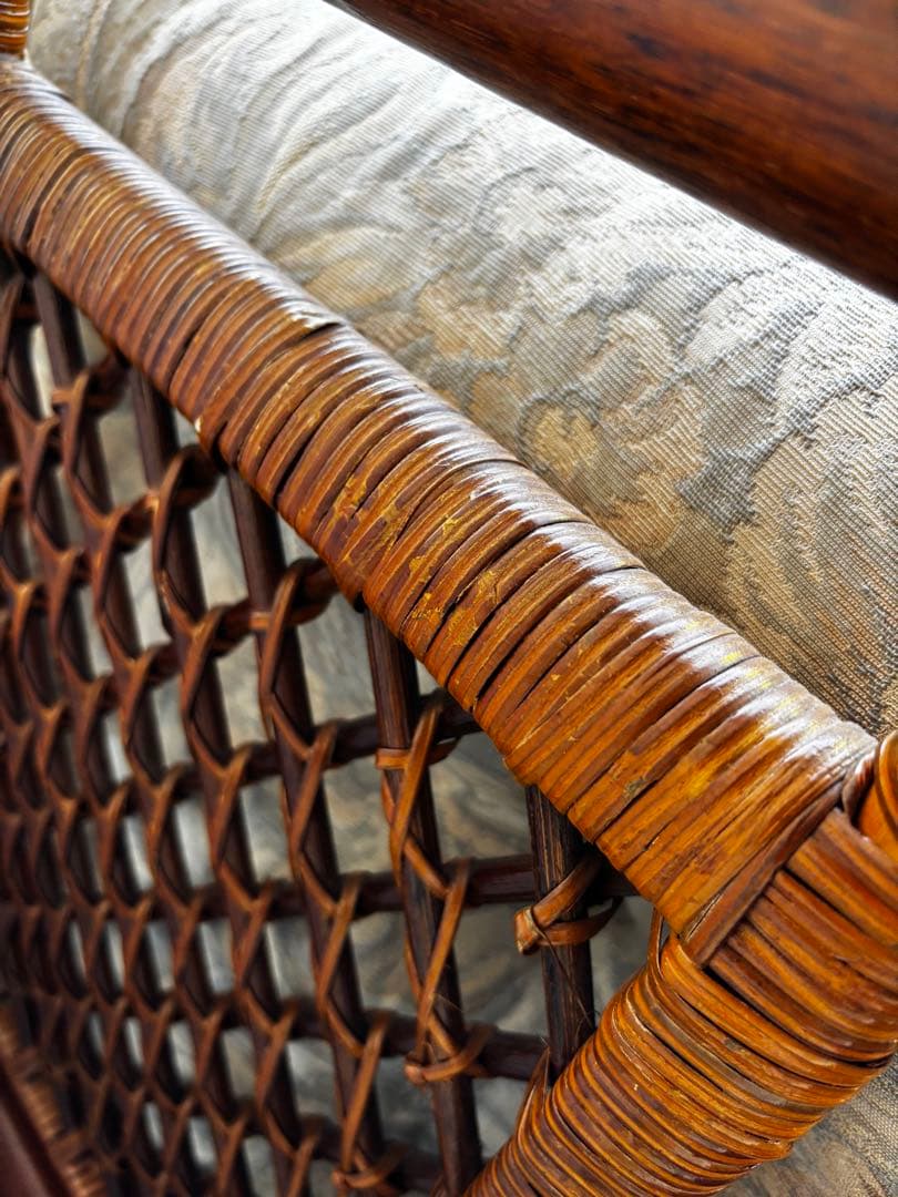 ヴィンテージ　ラタン　ダイニングテーブルセット　ガラステーブル　椅子2脚付き