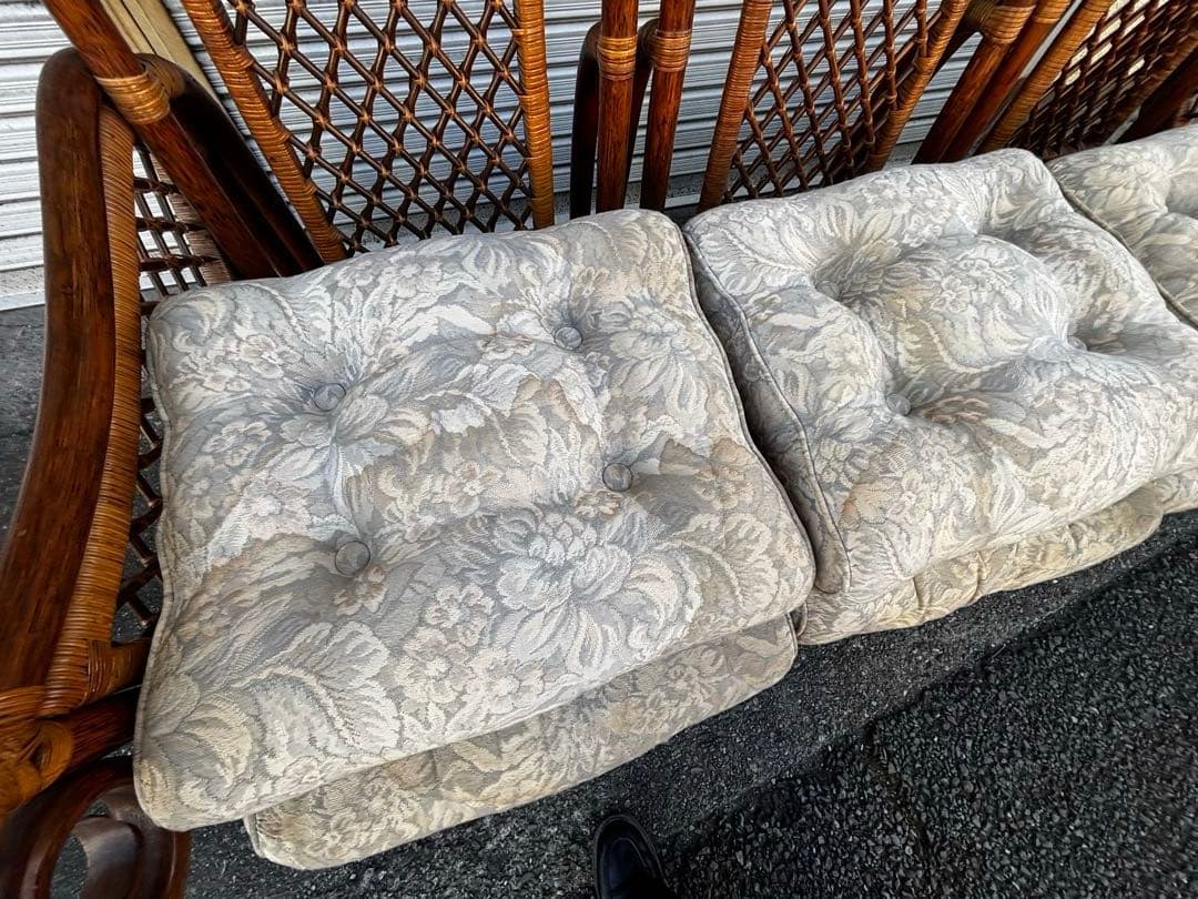 ヴィンテージ　ラタン　ダイニングテーブルセット　ガラステーブル　椅子2脚付き