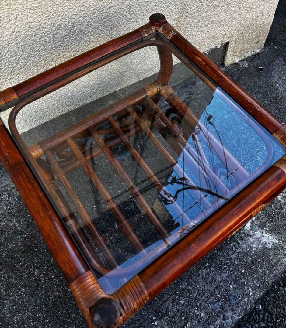 ヴィンテージ　ラタン　ダイニングテーブルセット　ガラステーブル　椅子2脚付き