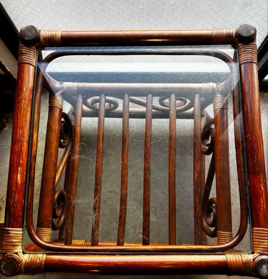 ヴィンテージ　ラタン　ダイニングテーブルセット　ガラステーブル　椅子2脚付き