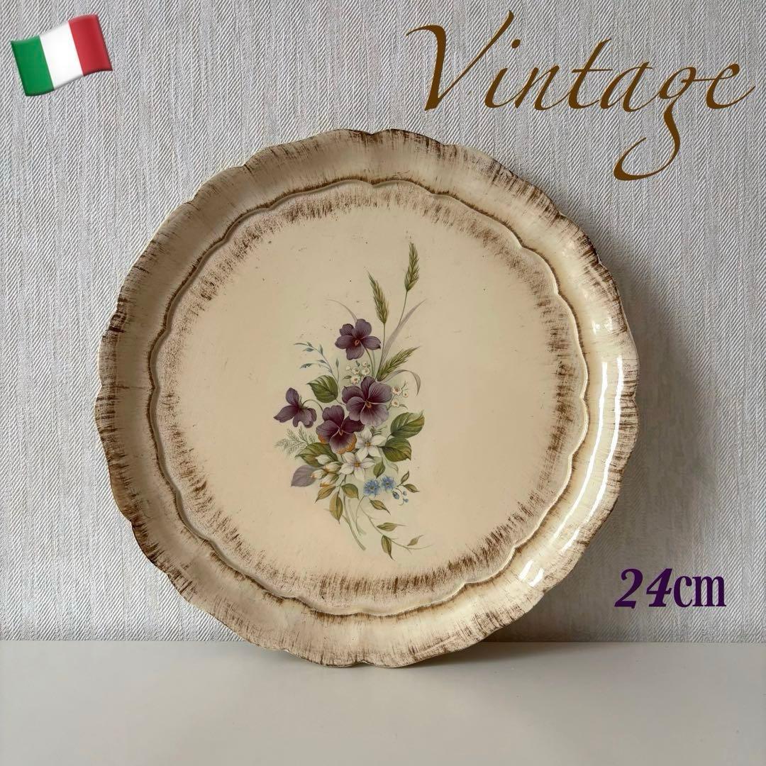 【イタリア】すみれ 木製 トレイ シャビーシック ヴィンテージストック 花リム