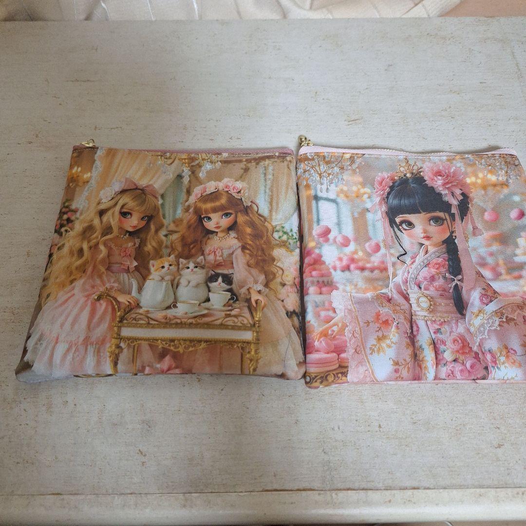 激レア女の子とねこパネル生地　ハンドメイド　布バスケット　フラットポーチ