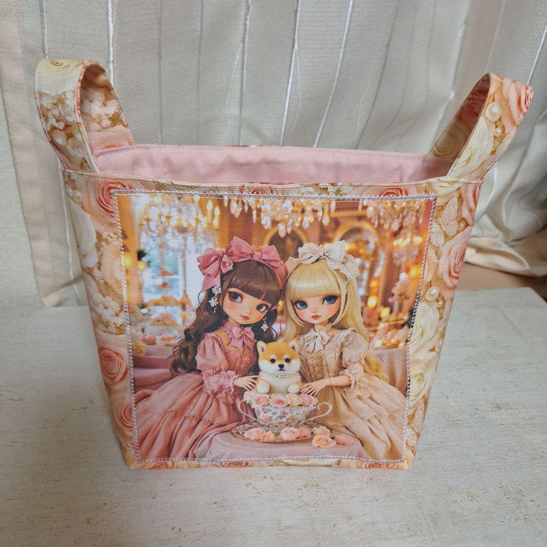 激レア女の子とねこパネル生地　ハンドメイド　布バスケット　フラットポーチ