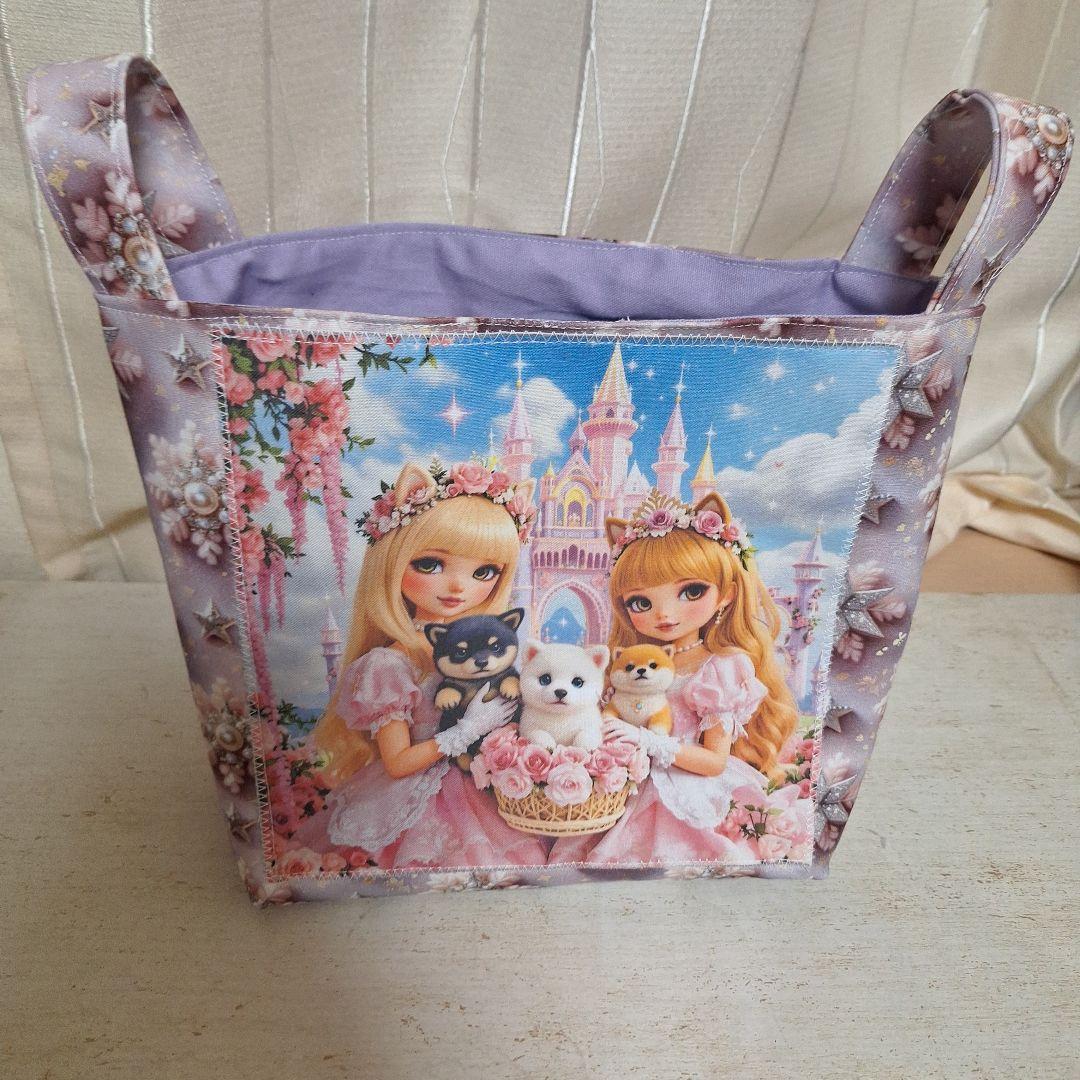 激レア女の子とねこパネル生地　ハンドメイド　布バスケット　フラットポーチ