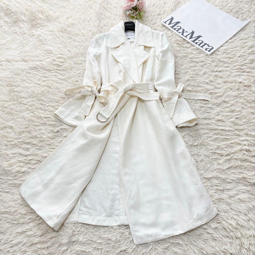 美品✨Max&Co リネンロングトレンチコート　ベルト　リボン　アイボリー　40