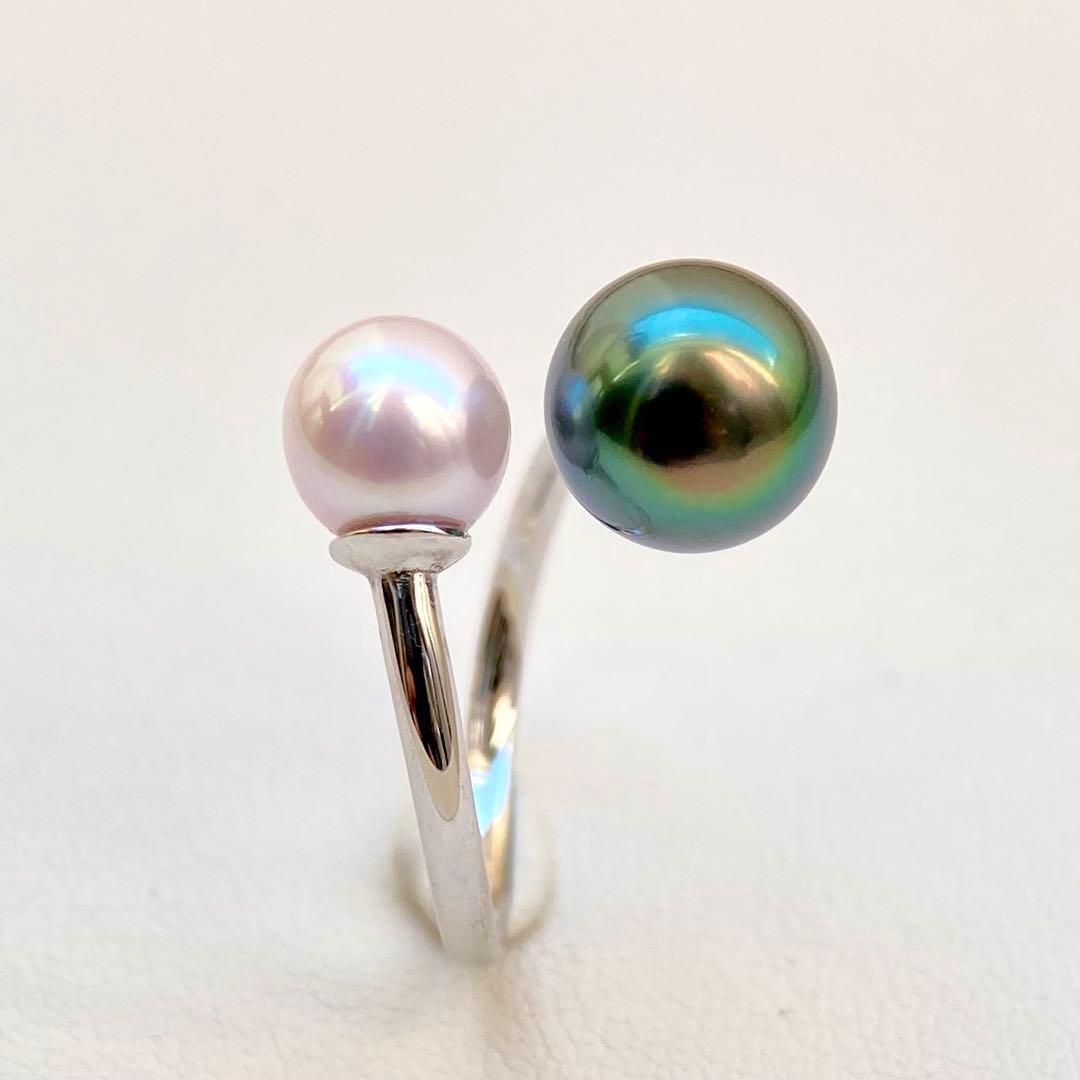 本真珠南洋黒蝶真珠とあこや真珠　ピーコック&ピンク無調ダブルリングY1047